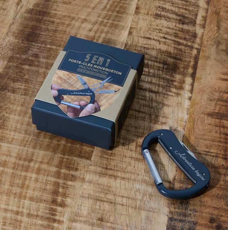 Portachiavi moschettone multiutensile 5 in 1 con lima, apribottiglie, coltello e forbici, per un classico regalo uomo